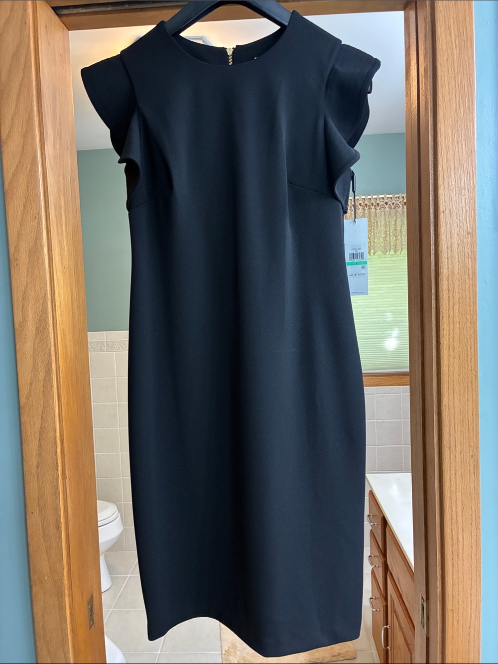 Calvin Klein Black Ruffle-Shoulder Sheath Midi Dress Size 8 NWT $134